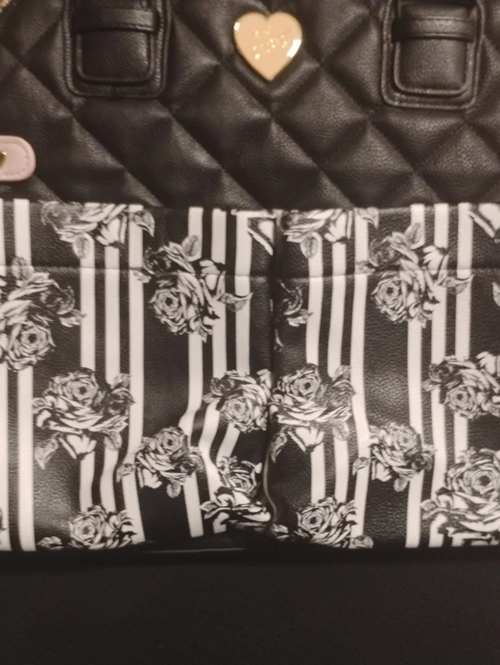 Betsey Johnson Diaper Bag Black & White Rose Print + Changing Pad